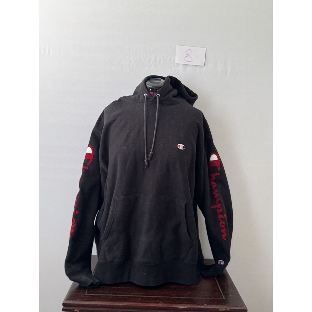 Champion Reverse Weave Hoodie 3XL Black Red Sleeve Script Big Logo Pullover